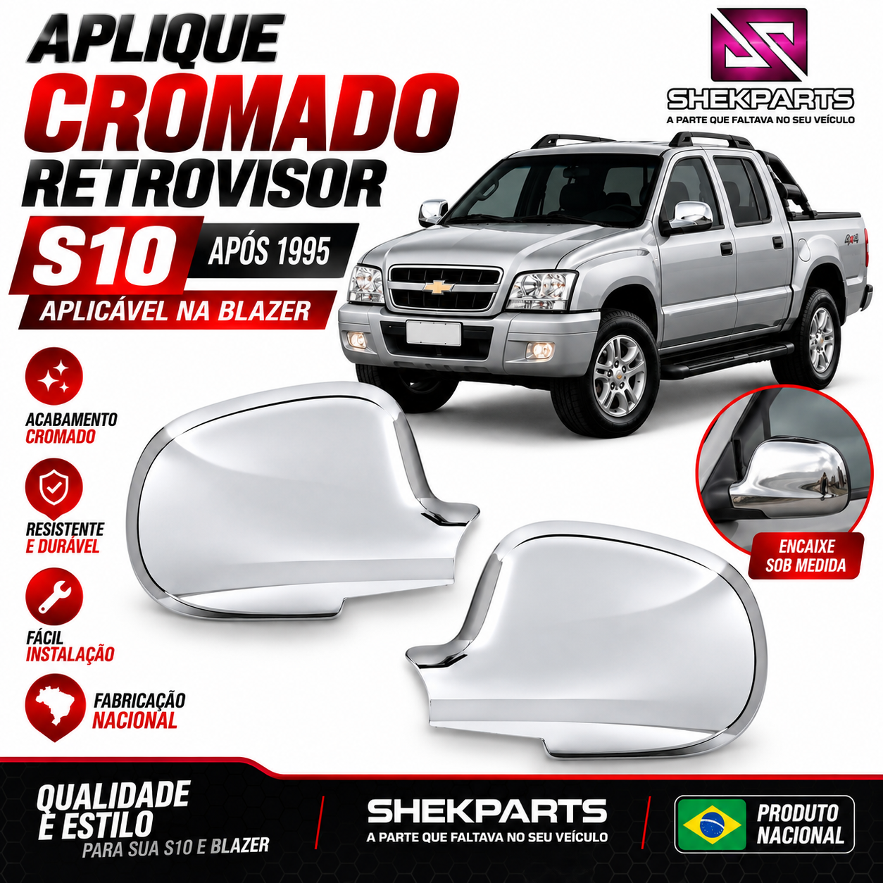 Aplique Cromado Retrovisor S10 Blazer 95 a 2011 - Par - Imagem 4